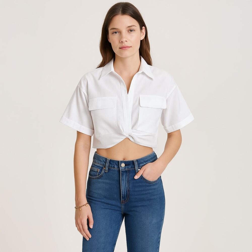 NWT Flap Pocket Twist Hem Cropped Shirt White Sz XXL